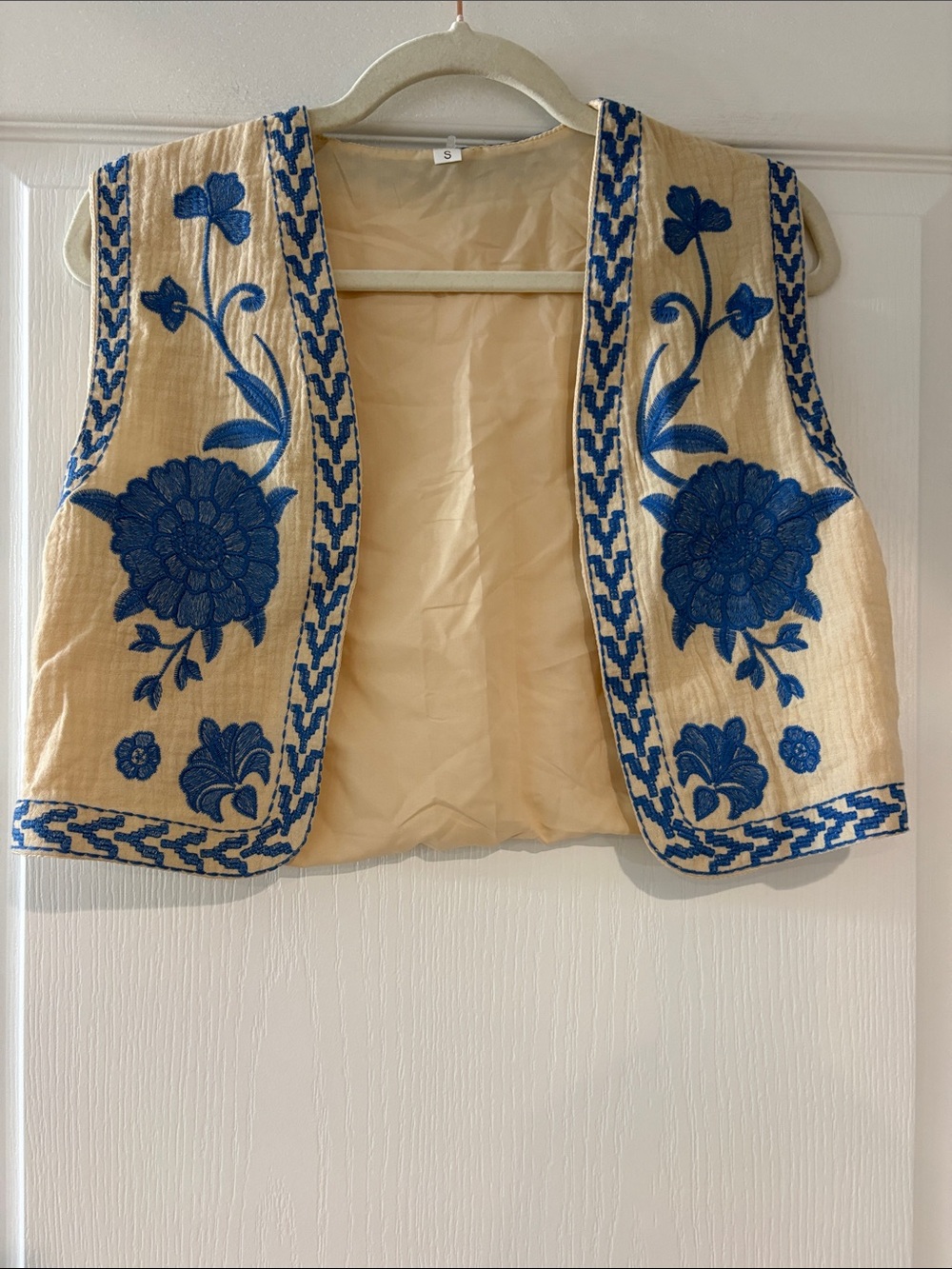 Embroidered Beige & Blue Crop Vest